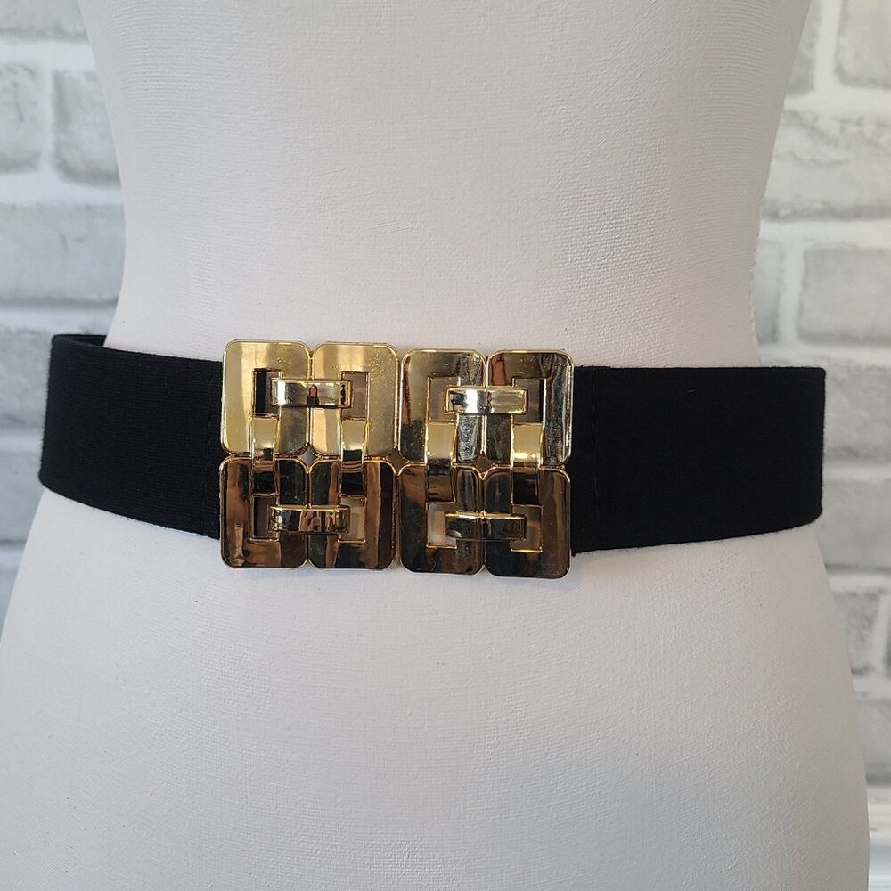 Vintage Milly Black Leather Stretch Belt Gold Tone Hook Hardware